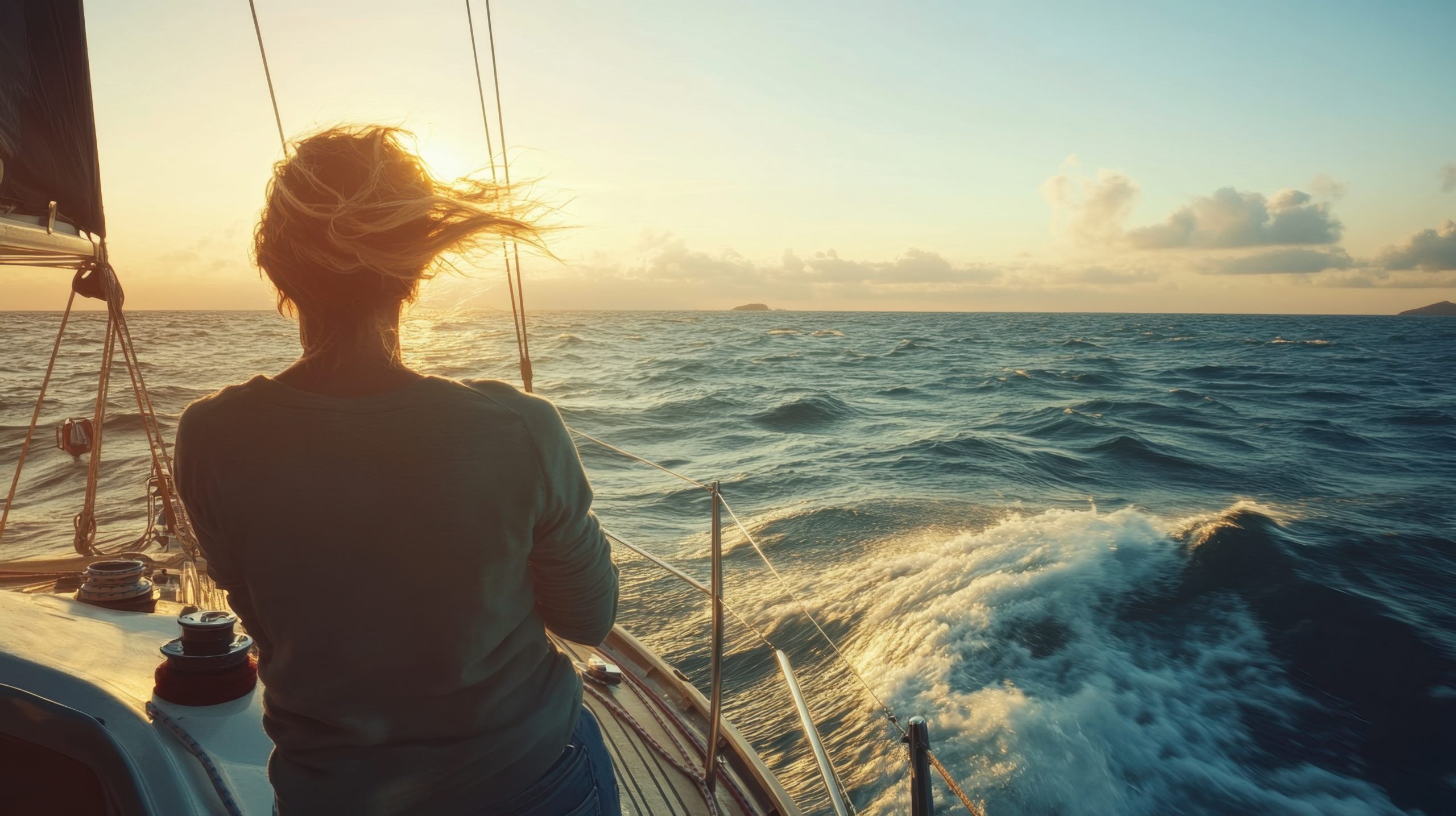 A person standing at the bow of a sailboat, wind blowing through their hair, as the boat cuts through the waves, with a distant island on the horizon. A person standing at the bow of a sailboat, wind blowing through their hair, as the boat cuts through the waves, with a distant island on the horizon.